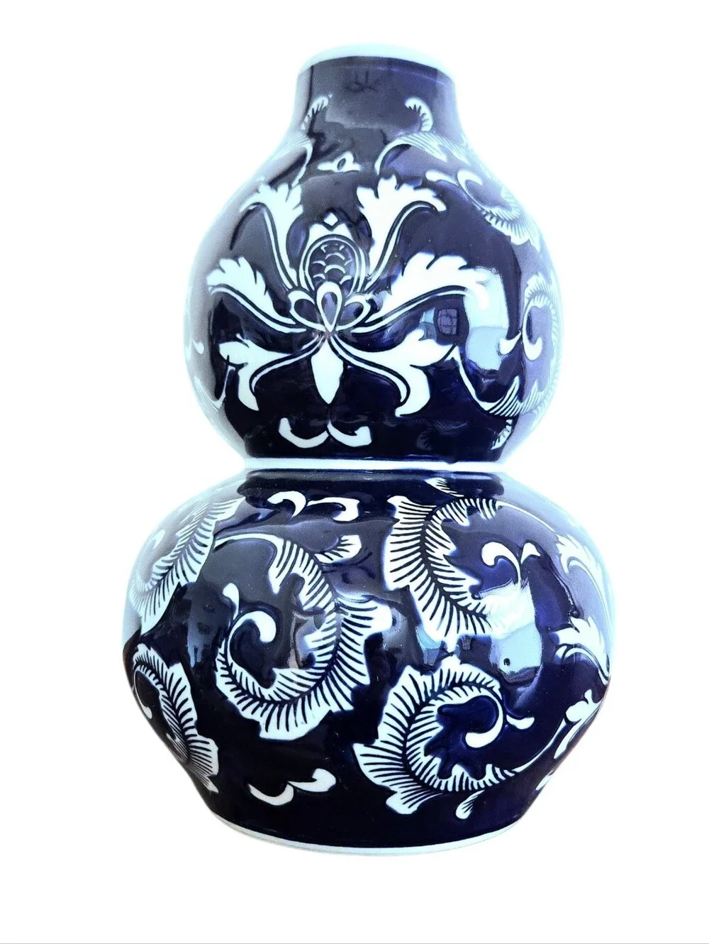 Crisp Blue & White Double Gourd Porcelain Vase  Floral Leaf Contemporary Remake